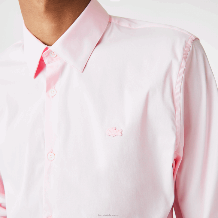 homens Lacoste rosa claro camisa de popelina de algodão de gola francesa slim fit 08D01440