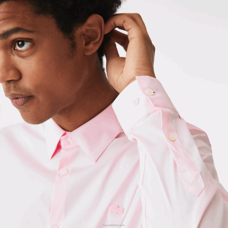 homens Lacoste rosa claro camisa de popelina de algodão de gola francesa slim fit 08D01440