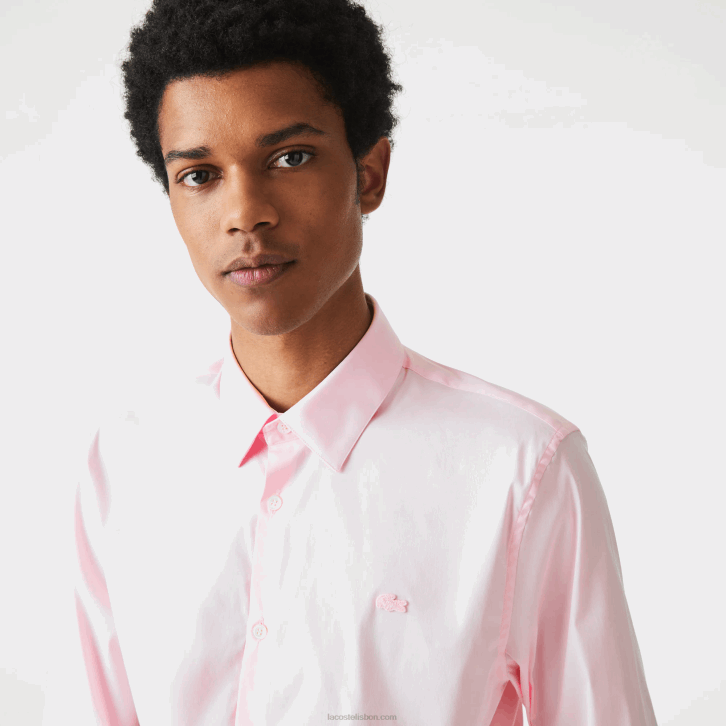 homens Lacoste rosa claro camisa de popelina de algodão de gola francesa slim fit 08D01440