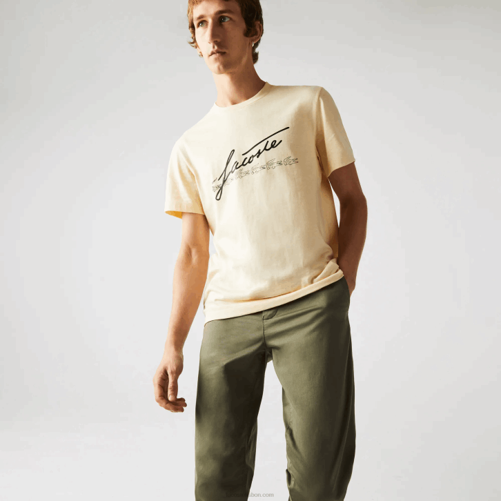 homens Lacoste amarelo hbz t-shirt de algodão com gola redonda e estampa de crocodilo 08D0762