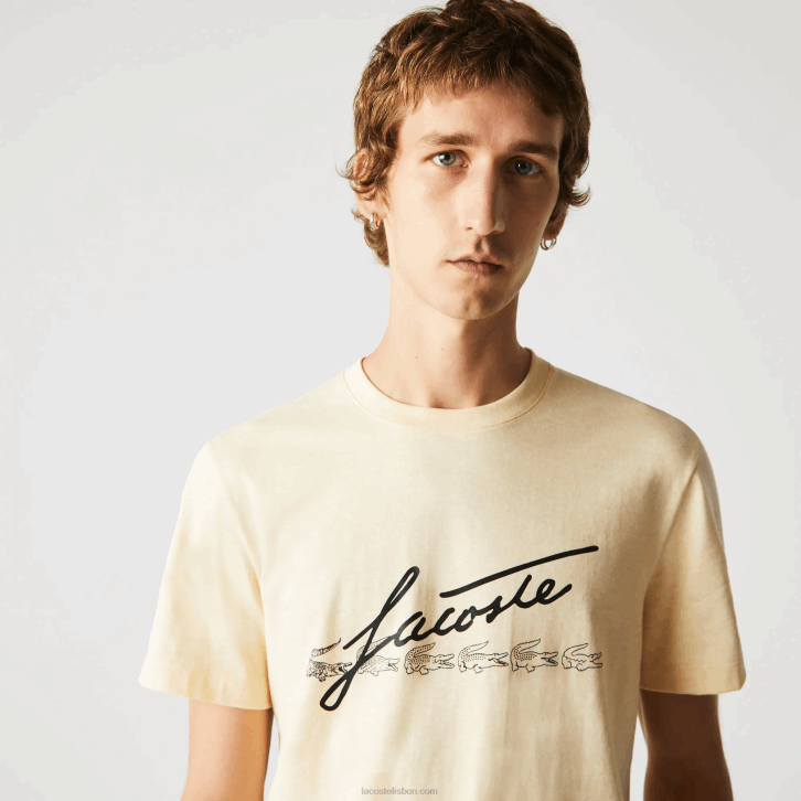 homens Lacoste amarelo hbz t-shirt de algodão com gola redonda e estampa de crocodilo 08D0762