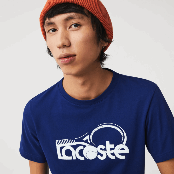 homens Lacoste azul branco gtd camiseta esportiva respirável com estampa de tênis decote careca 08D0794