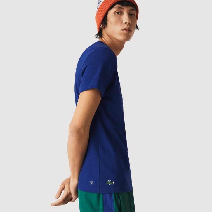 homens Lacoste azul branco gtd camiseta esportiva respirável com estampa de tênis decote careca 08D0794