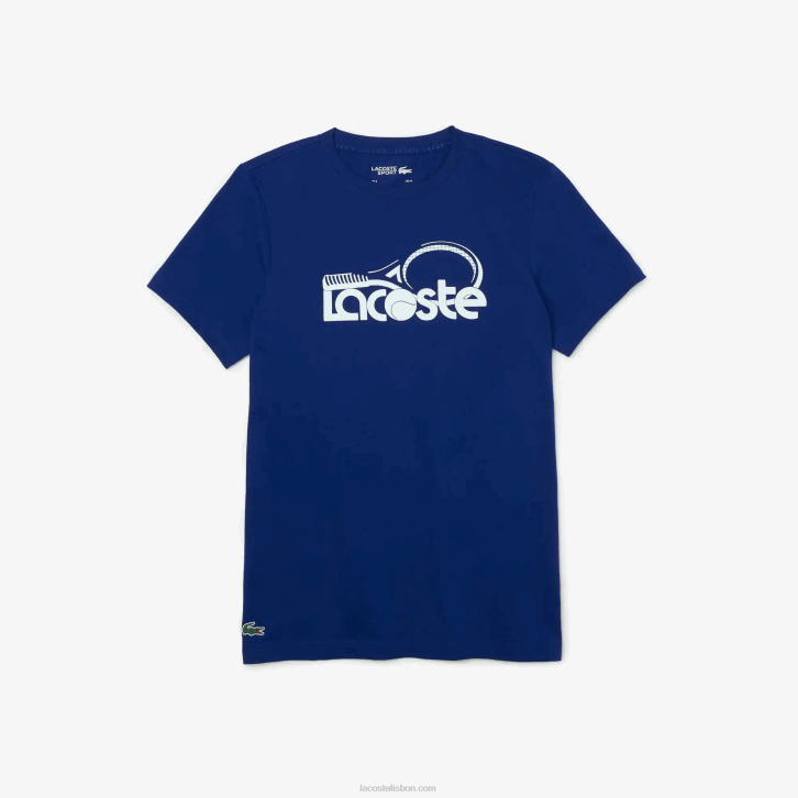homens Lacoste azul branco gtd camiseta esportiva respirável com estampa de tênis decote careca 08D0794