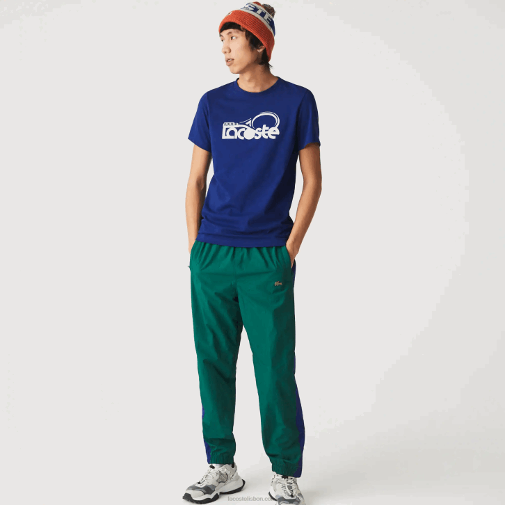 homens Lacoste azul branco gtd camiseta esportiva respirável com estampa de tênis decote careca 08D0794