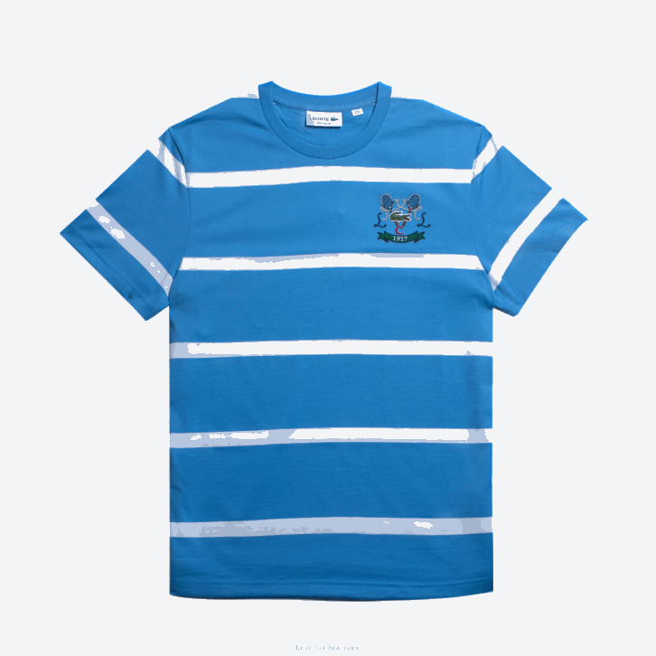 homens Lacoste azul branco hh7 camiseta de jérsei de algodão listrada com decote careca bordado de tênis 08D0804