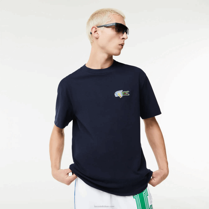 homens Lacoste azul marinho 166 camiseta com distintivo de efeito cômico de ajuste relaxado 08D0741