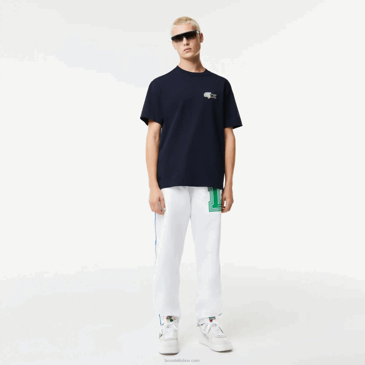 homens Lacoste azul marinho 166 camiseta com distintivo de efeito cômico de ajuste relaxado 08D0741