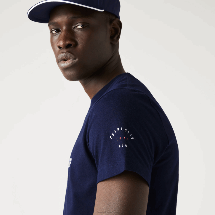 homens Lacoste azul marinho 166 camiseta da bandeira americana do esporte da copa dos presidentes 08D0862