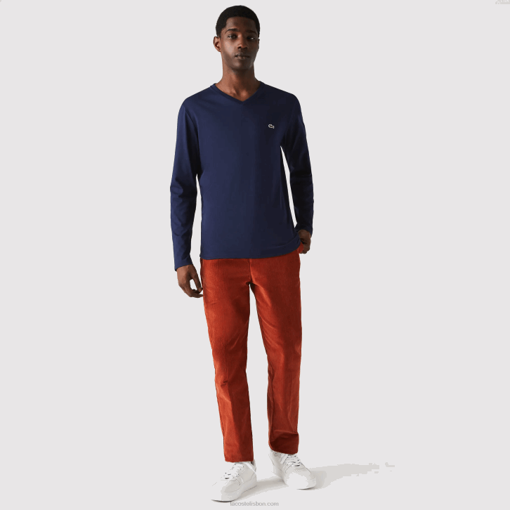 homens Lacoste azul marinho 166 camiseta leve de algodão pima com decote em v 08D0674