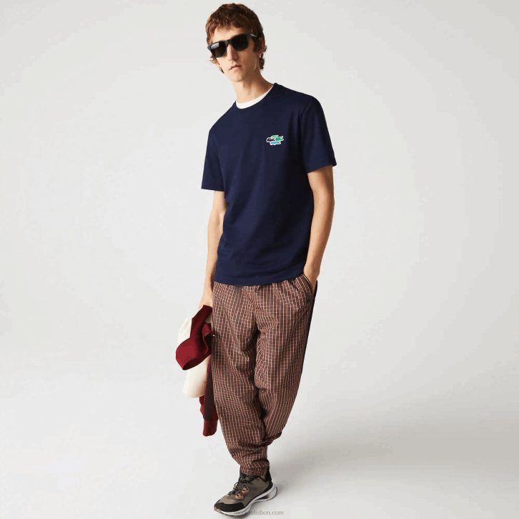 homens Lacoste azul marinho 166 t-shirt crocodilos de algodão orgânico com gola redonda 08D0920