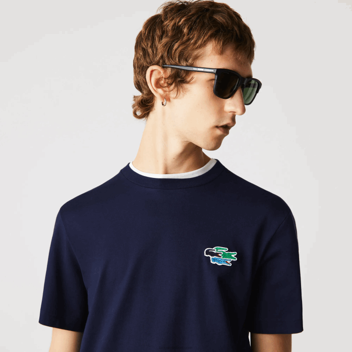 homens Lacoste azul marinho 166 t-shirt crocodilos de algodão orgânico com gola redonda 08D0920