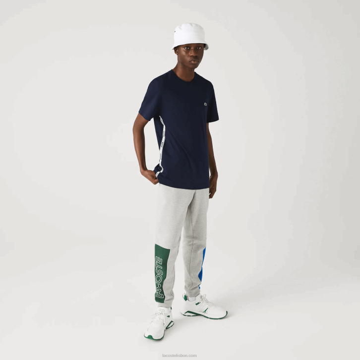 homens Lacoste azul marinho 166 t-shirt de algodão com gola redonda de bandas de marca 08D0909