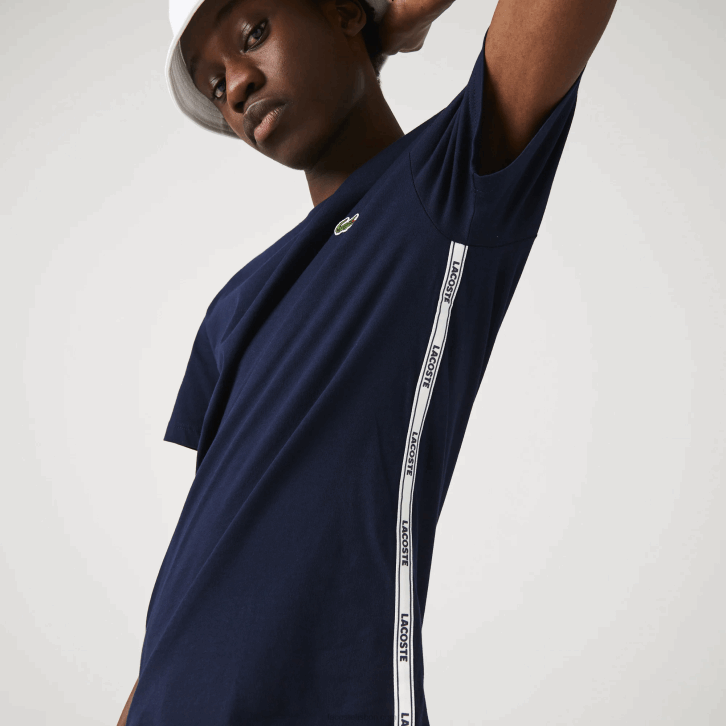 homens Lacoste azul marinho 166 t-shirt de algodão com gola redonda de bandas de marca 08D0909