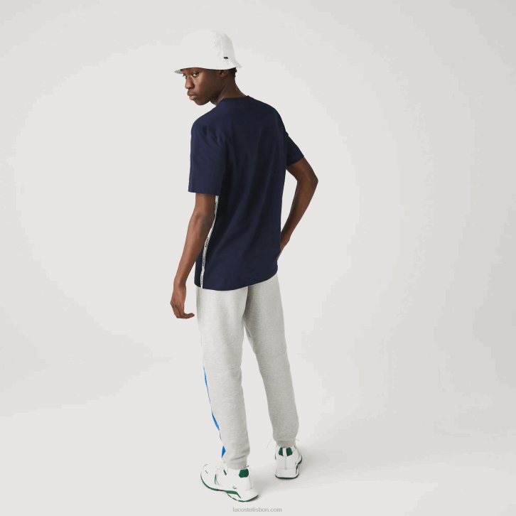 homens Lacoste azul marinho 166 t-shirt de algodão com gola redonda de bandas de marca 08D0909