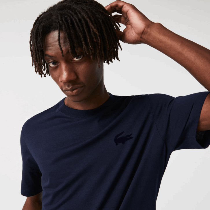 homens Lacoste azul marinho 166 t-shirt de algodão de gola redonda de crocodilo de veludo 08D01344