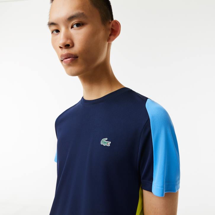homens Lacoste azul marinho amarelo branco kl8 camiseta esportiva com estampa de crocodilo 08D0586
