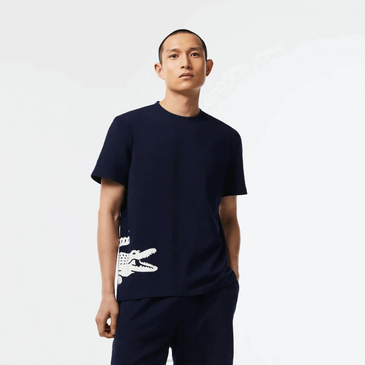 homens Lacoste azul marinho branco 525 camiseta de algodão com estampa contrastante 08D0495