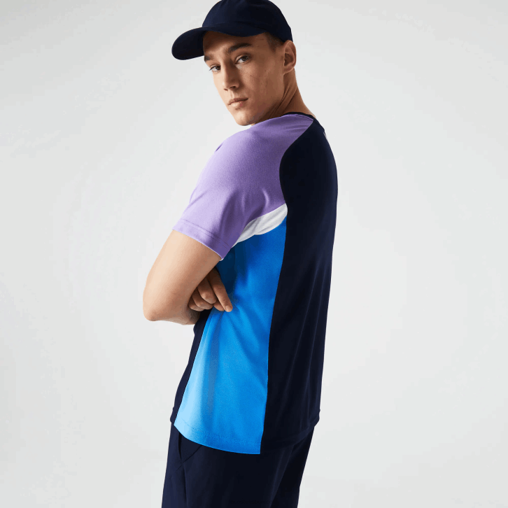 homens Lacoste azul marinho roxo branco azul 5xj camiseta esportiva color block ultra-dry tênis piquê 08D0584