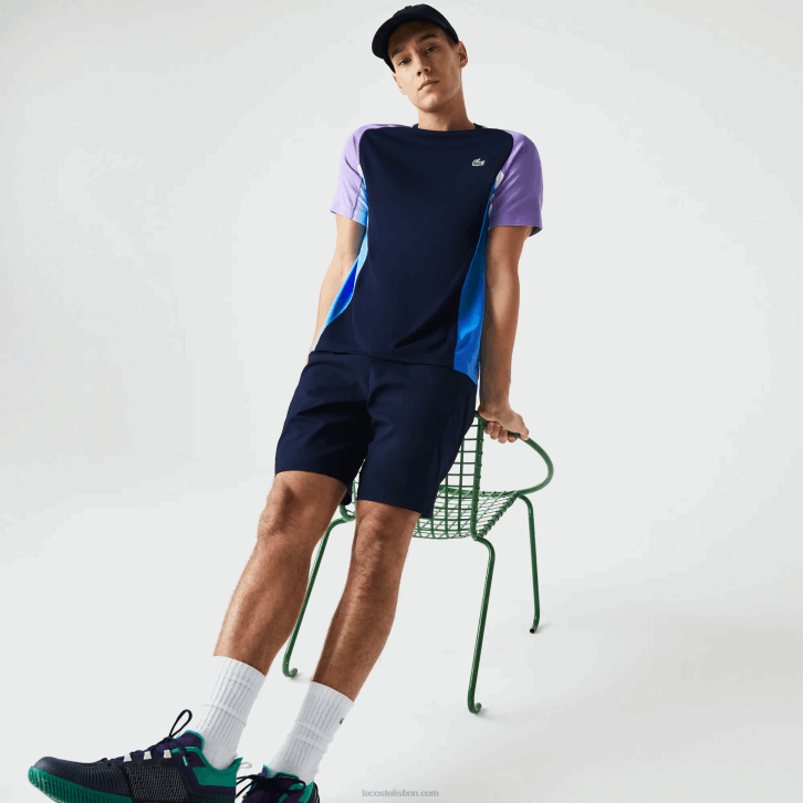 homens Lacoste azul marinho roxo branco azul 5xj camiseta esportiva color block ultra-dry tênis piquê 08D0584