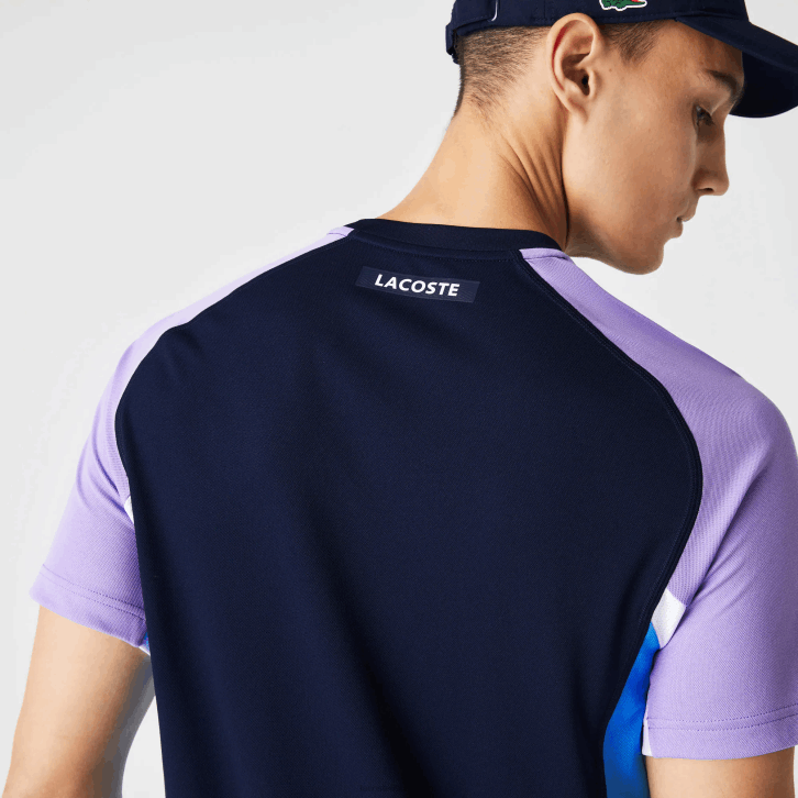 homens Lacoste azul marinho roxo branco azul 5xj camiseta esportiva color block ultra-dry tênis piquê 08D0584