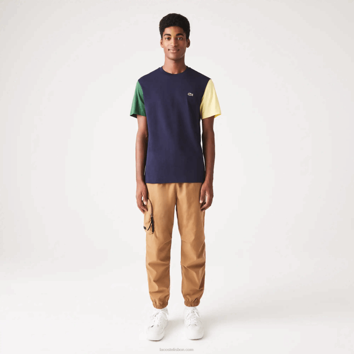 homens Lacoste azul marinho verde amarelo uxw camiseta de jérsei de algodão colorblock de ajuste regular 08D0811