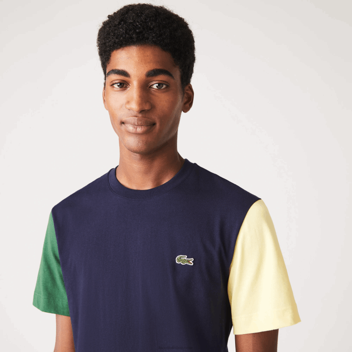 homens Lacoste azul marinho verde amarelo uxw camiseta de jérsei de algodão colorblock de ajuste regular 08D0811