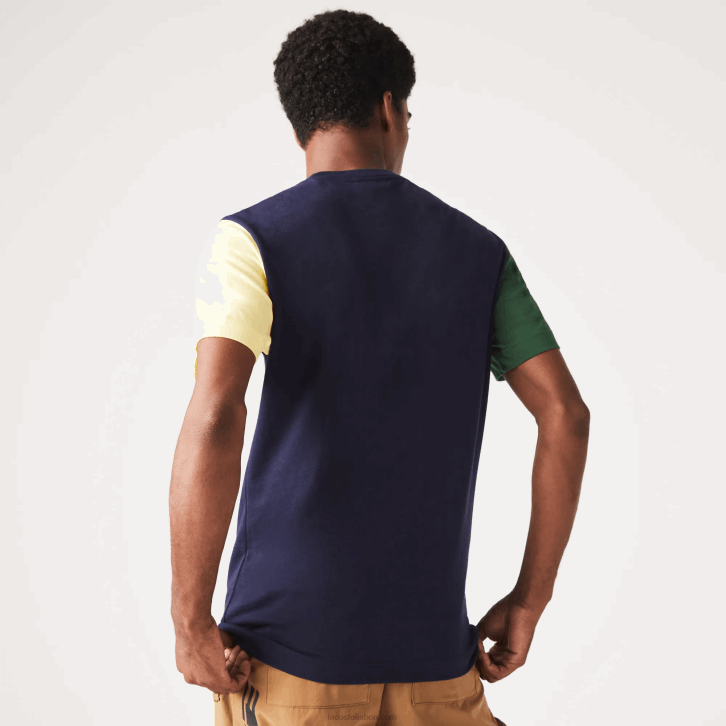 homens Lacoste azul marinho verde amarelo uxw camiseta de jérsei de algodão colorblock de ajuste regular 08D0811