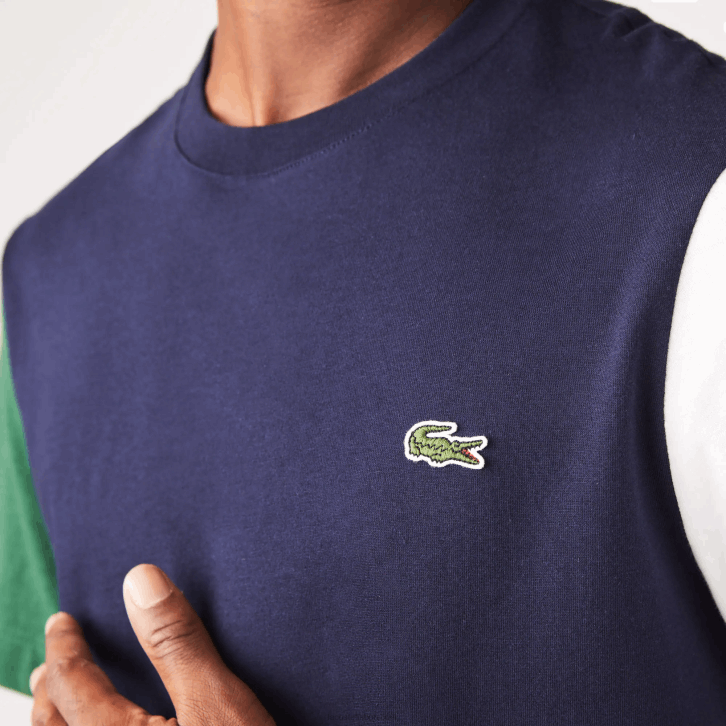 homens Lacoste azul marinho verde branco yun camiseta de jérsei de algodão colorblock de ajuste regular 08D0814