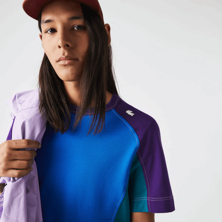 homens Lacoste azul verde roxo 7w6 t-shirt piqué elástica color block de ajuste regular Heritage 08D0819