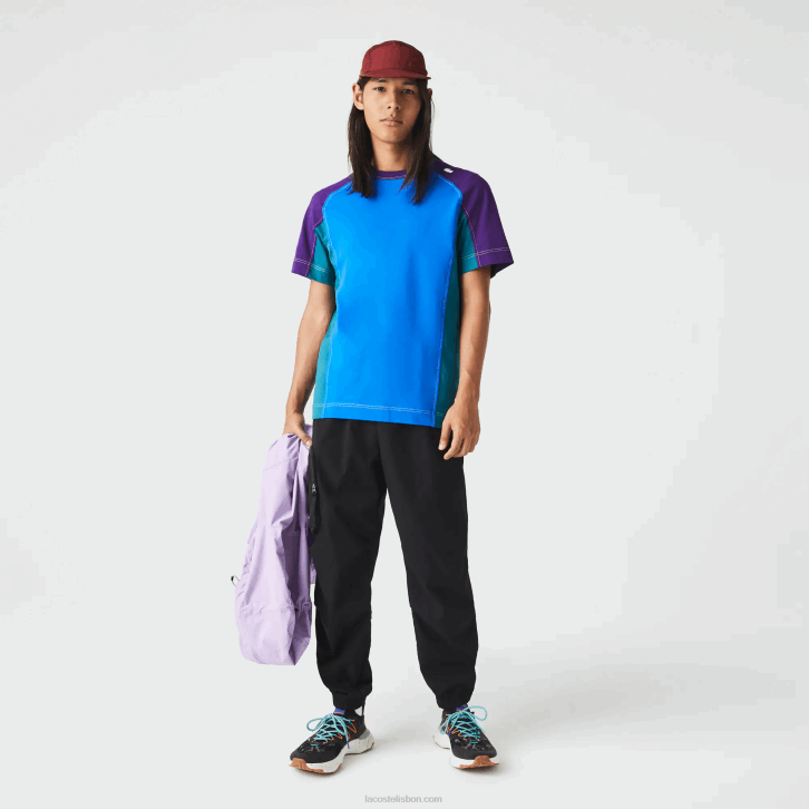 homens Lacoste azul verde roxo 7w6 t-shirt piqué elástica color block de ajuste regular Heritage 08D0819