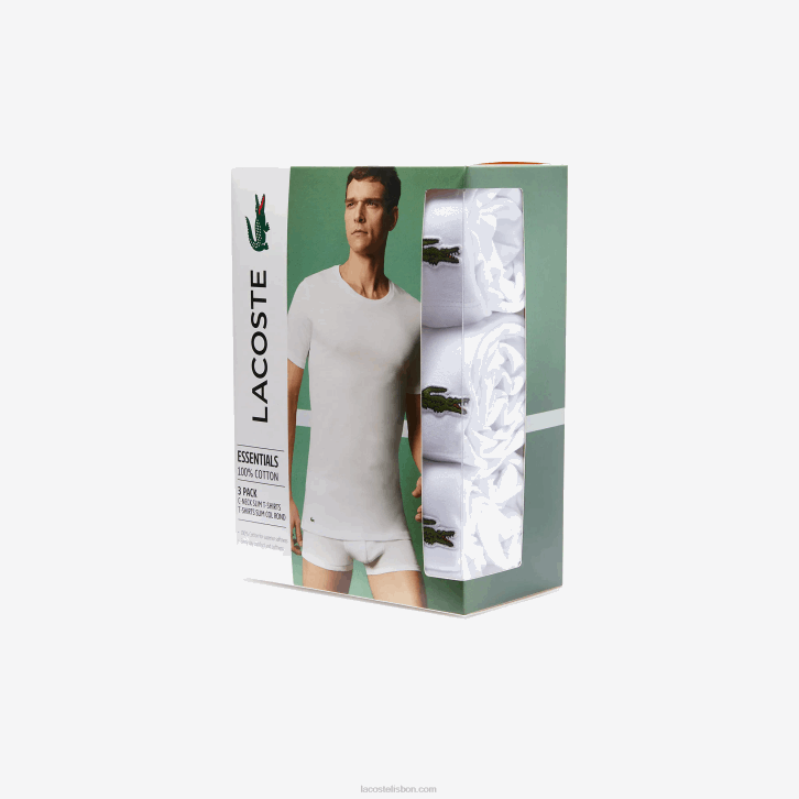 homens Lacoste branco 001 camiseta de algodão com gola redonda pacote com 3 08D01350