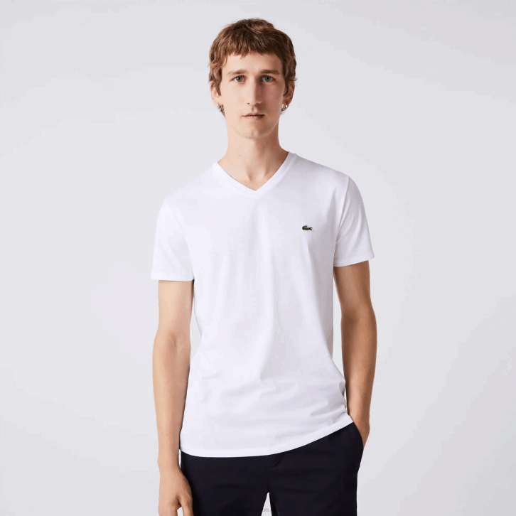 homens Lacoste branco 001 camiseta de jérsei de algodão pima com decote v 08D040