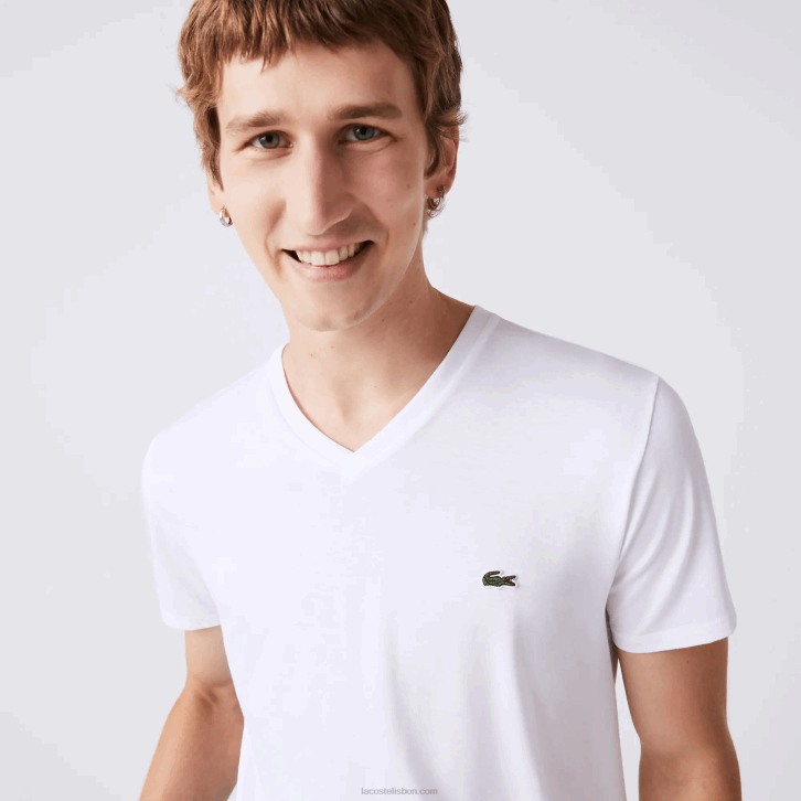 homens Lacoste branco 001 camiseta de jérsei de algodão pima com decote v 08D040