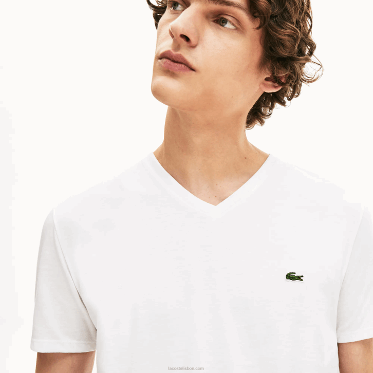 homens Lacoste branco 001 camiseta de jérsei de algodão pima com decote v 08D040