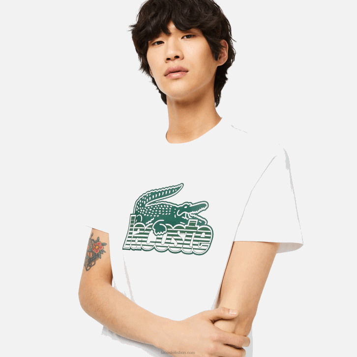 homens Lacoste branco 001 camiseta estampada em jersey de algodão 08D063