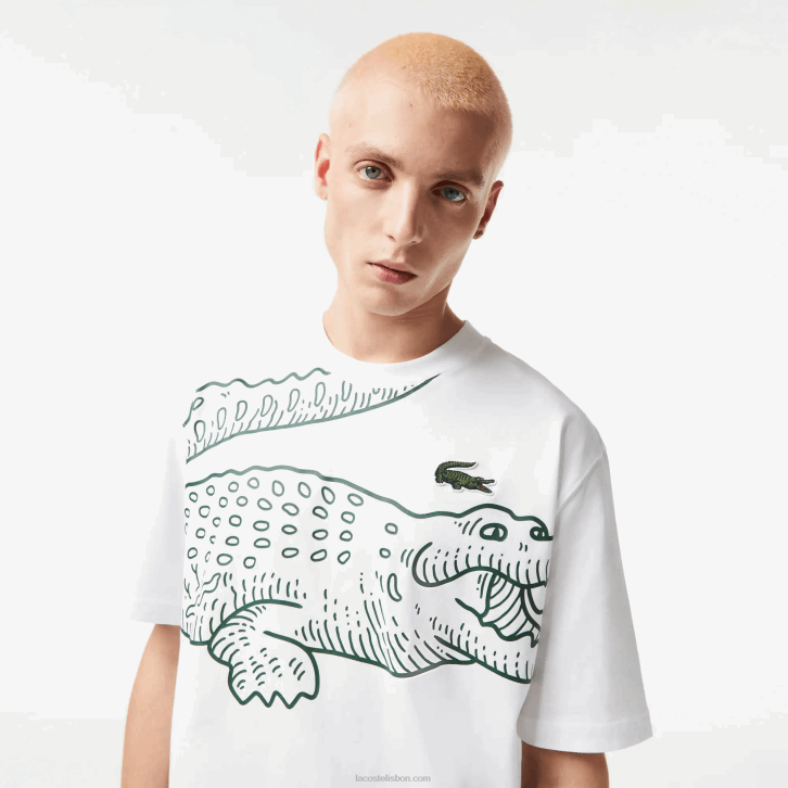 homens Lacoste branco 001 camiseta gola redonda com estampa de crocodilo 08D0254