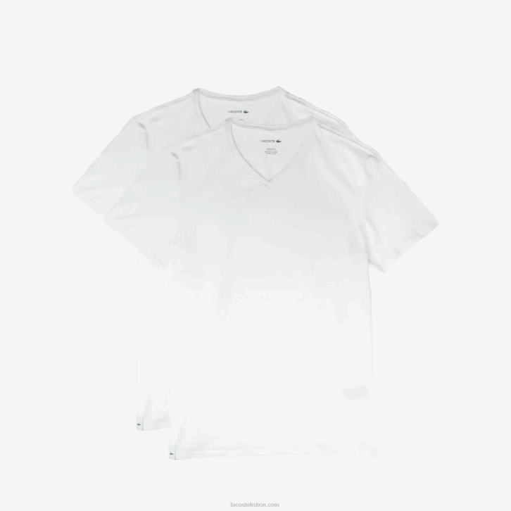 homens Lacoste branco 001 camiseta lounge de algodão com decote em v pacote com 2 08D01623