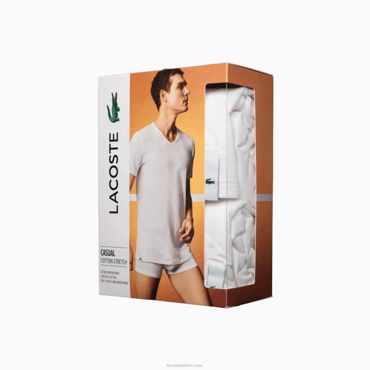 homens Lacoste branco 001 camiseta lounge de algodão com decote em v pacote com 2 08D01623