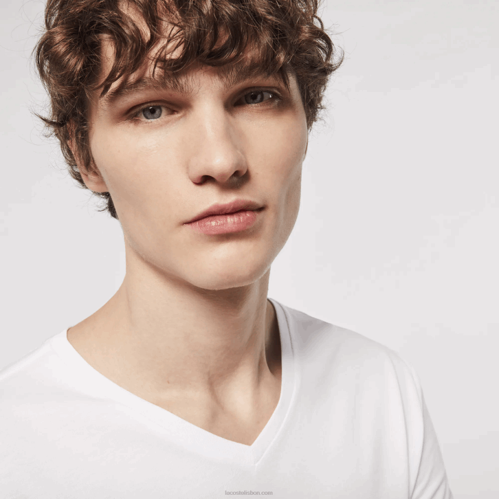 homens Lacoste branco 001 camiseta lounge de algodão com decote v pacote com 3 08D01335