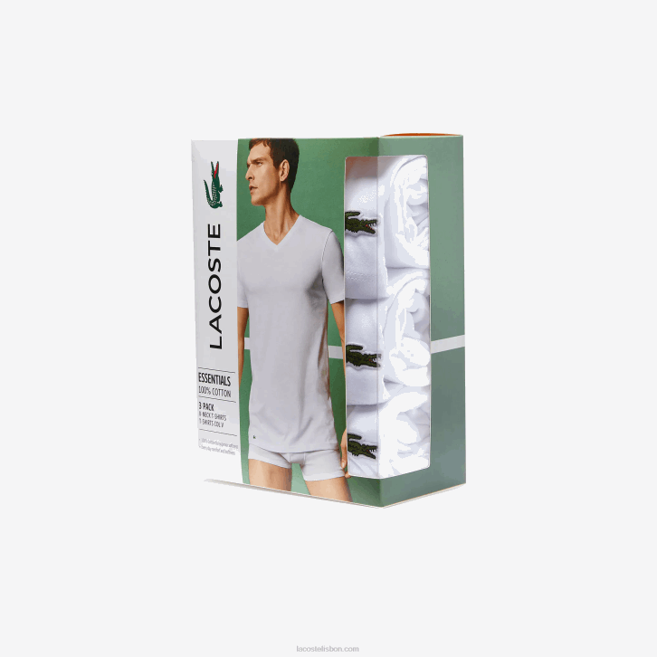 homens Lacoste branco 001 camiseta lounge de algodão com decote v pacote com 3 08D01335