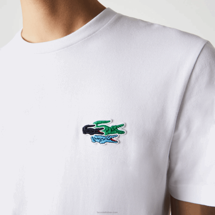 homens Lacoste branco 001 t-shirt crocodilos de algodão orgânico com gola redonda 08D0919