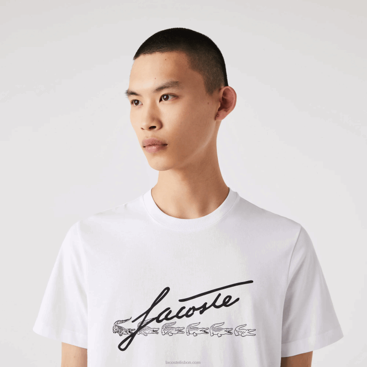 homens Lacoste branco 001 t-shirt de algodão com gola redonda e estampa de crocodilo 08D0761