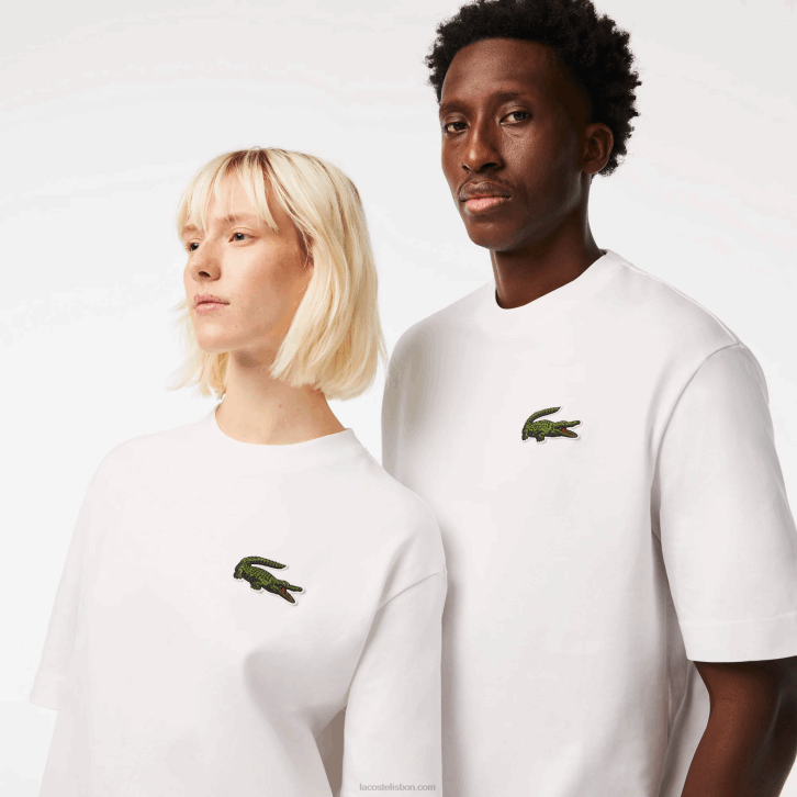 homens Lacoste branco 001 t-shirt de algodão orgânico de crocodilo de ajuste solto 08D075