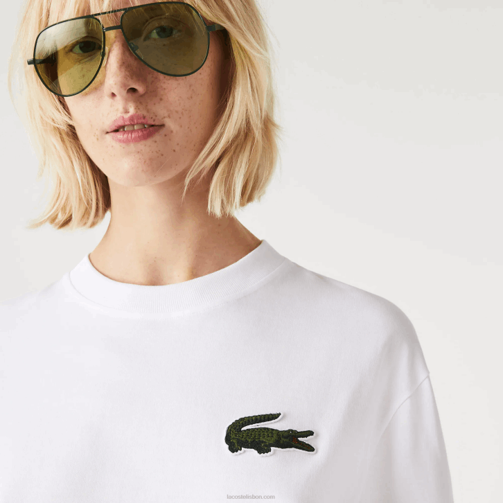 homens Lacoste branco 001 t-shirt de algodão orgânico de crocodilo de ajuste solto 08D075