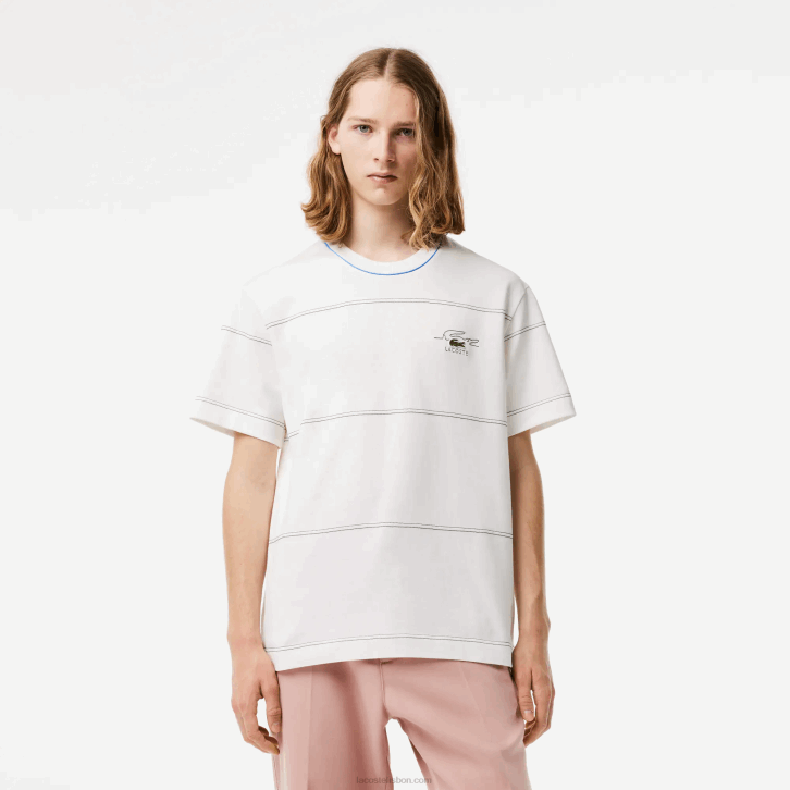 homens Lacoste branco 70v camiseta listrada em jérsei de algodão orgânico 08D0182