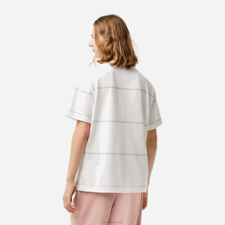 homens Lacoste branco 70v camiseta listrada em jérsei de algodão orgânico 08D0182