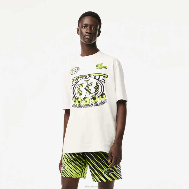 homens Lacoste branco 70v t-shirt com estampa de jérsei de algodão solto 08D0144
