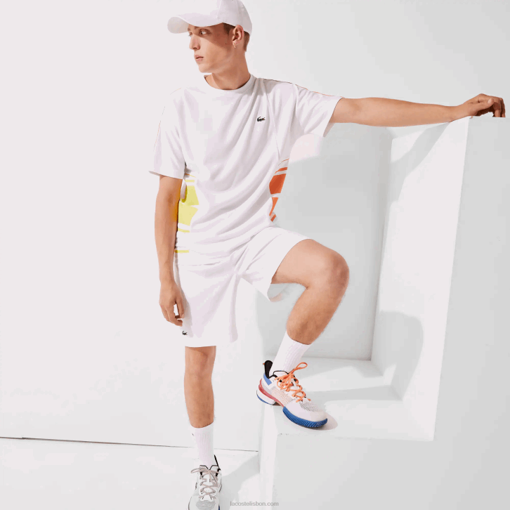 homens Lacoste branco amarelo laranja d0v camiseta piquê gola redonda com bandas gráficas esportivas 08D01922