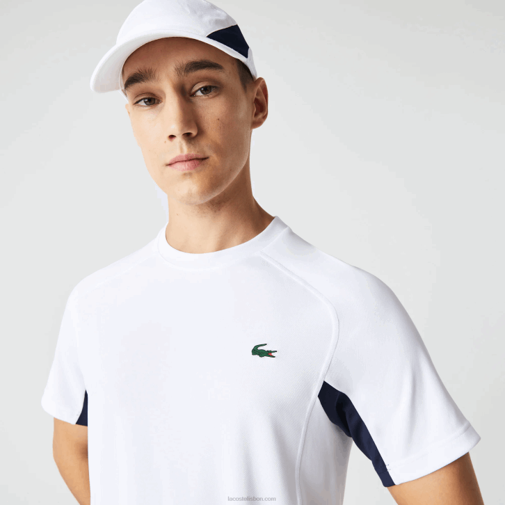 homens Lacoste branco azul marinho branco y2u camiseta esportiva color block ultra-dry tênis piquê 08D0583